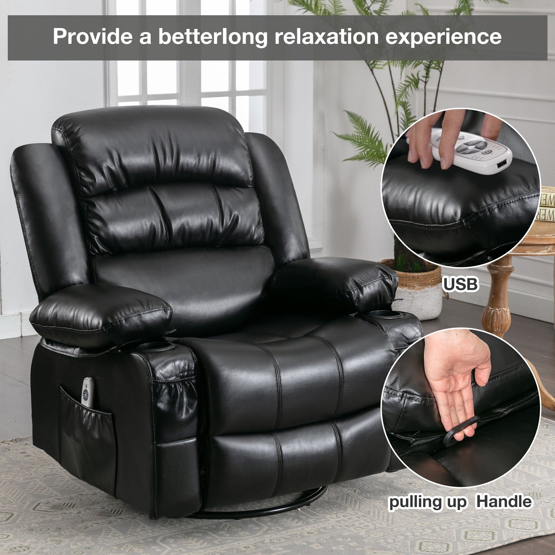 Fauteuil de massage inclinable pivotant à 360°, en cuir PU, avec massage à 8 points et USB