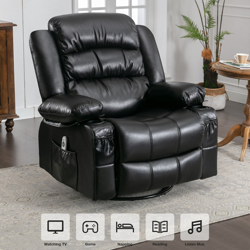 Fauteuil de massage inclinable pivotant à 360°, en cuir PU, avec massage à 8 points et USB