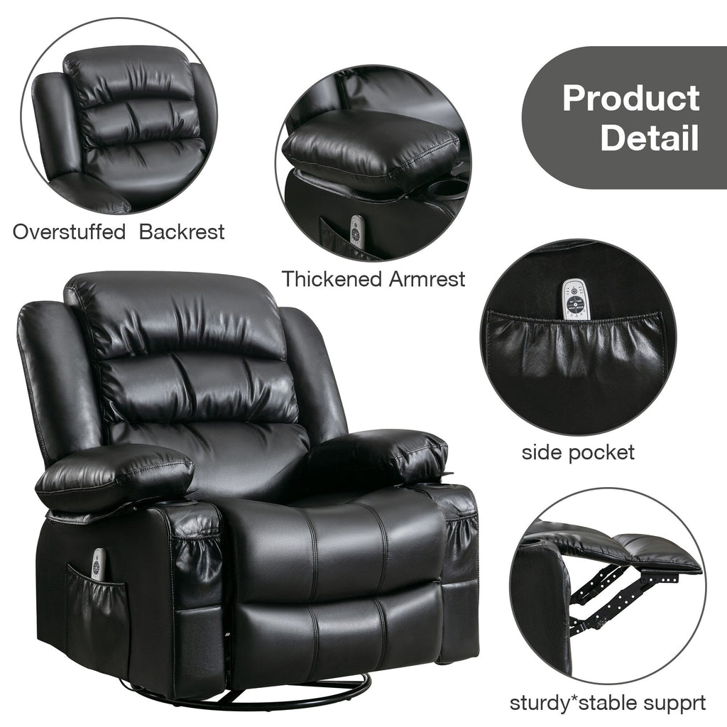 Fauteuil de massage inclinable pivotant à 360°, en cuir PU, avec massage à 8 points et USB