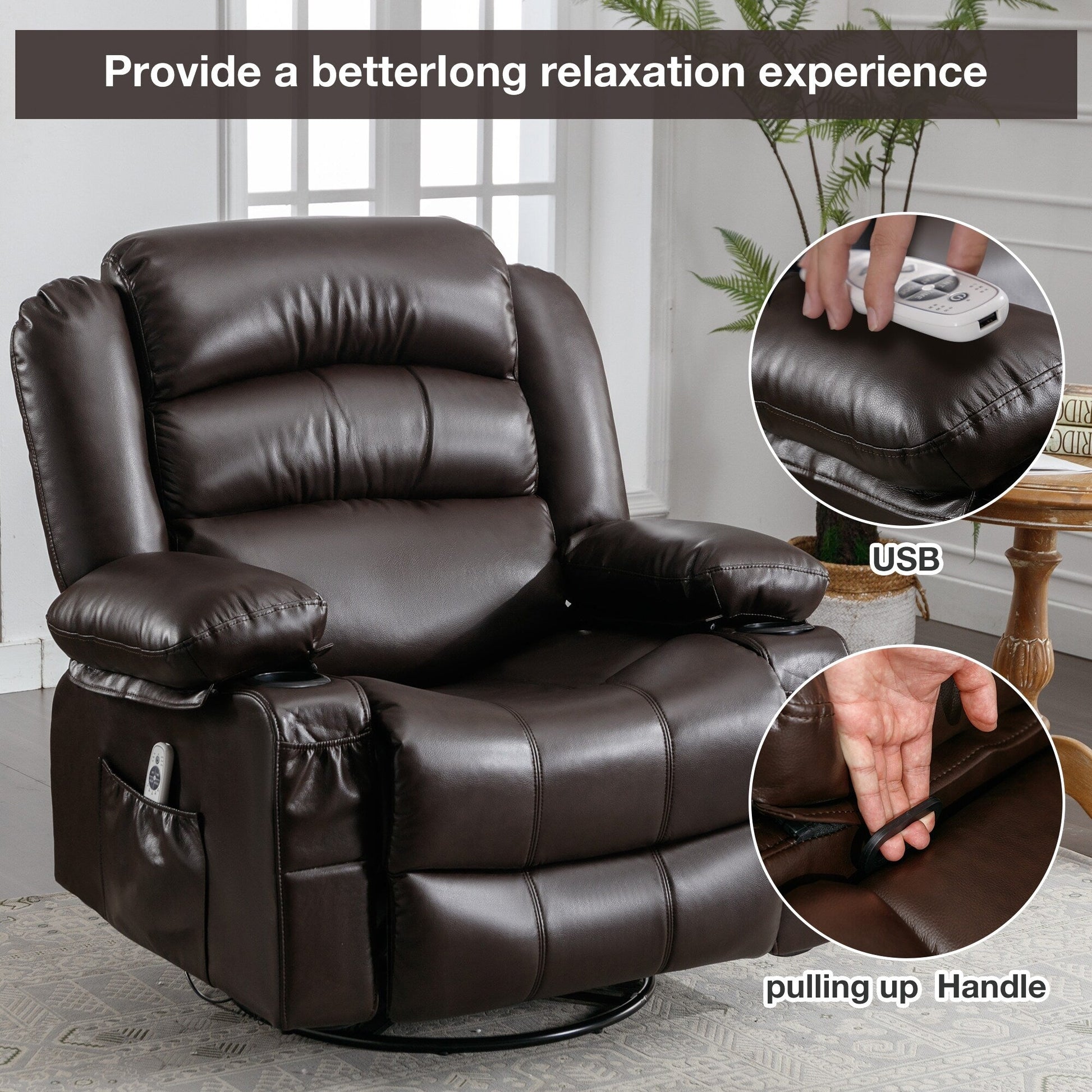 Fauteuil de massage inclinable pivotant à 360°, en cuir PU, avec massage à 8 points et USB