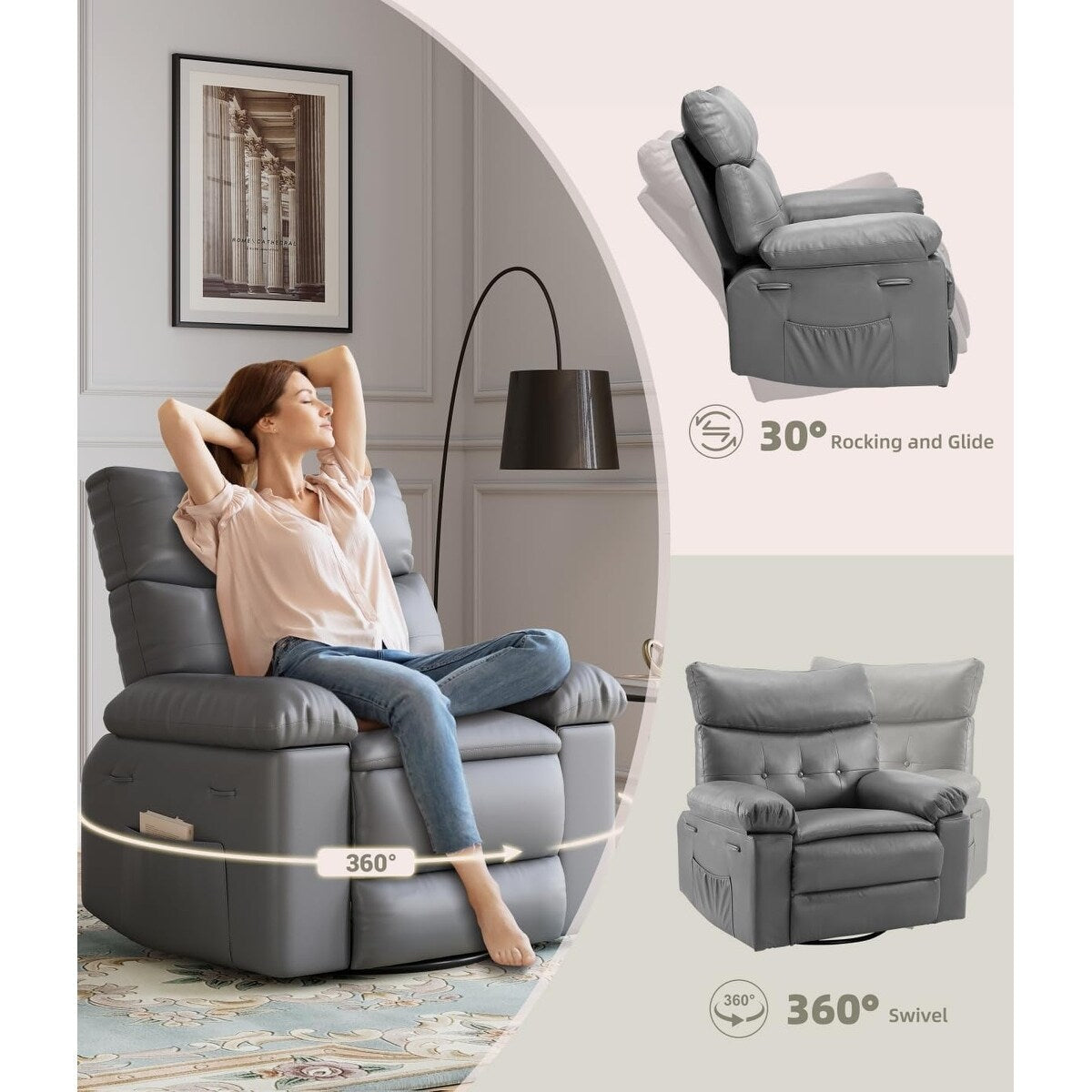 Fauteuils inclinables pivotants à 360° surdimensionnés avec fonction de massage et de chauffe - Fauteuil inclinable relaxant