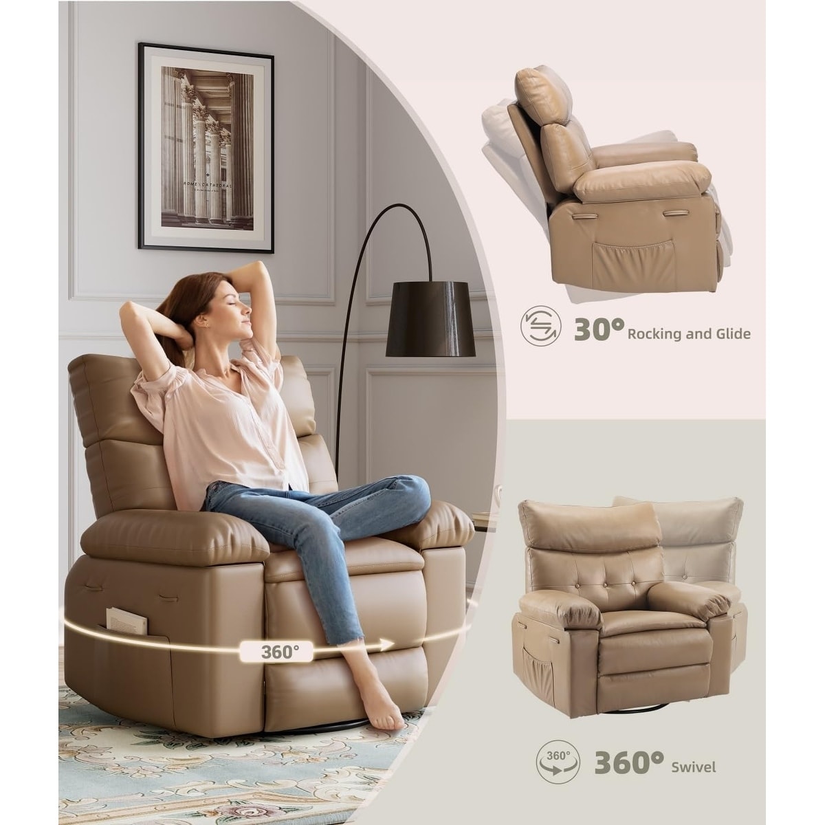 Fauteuils inclinables pivotants à 360° surdimensionnés avec fonction de massage et de chauffe - Fauteuil inclinable relaxant