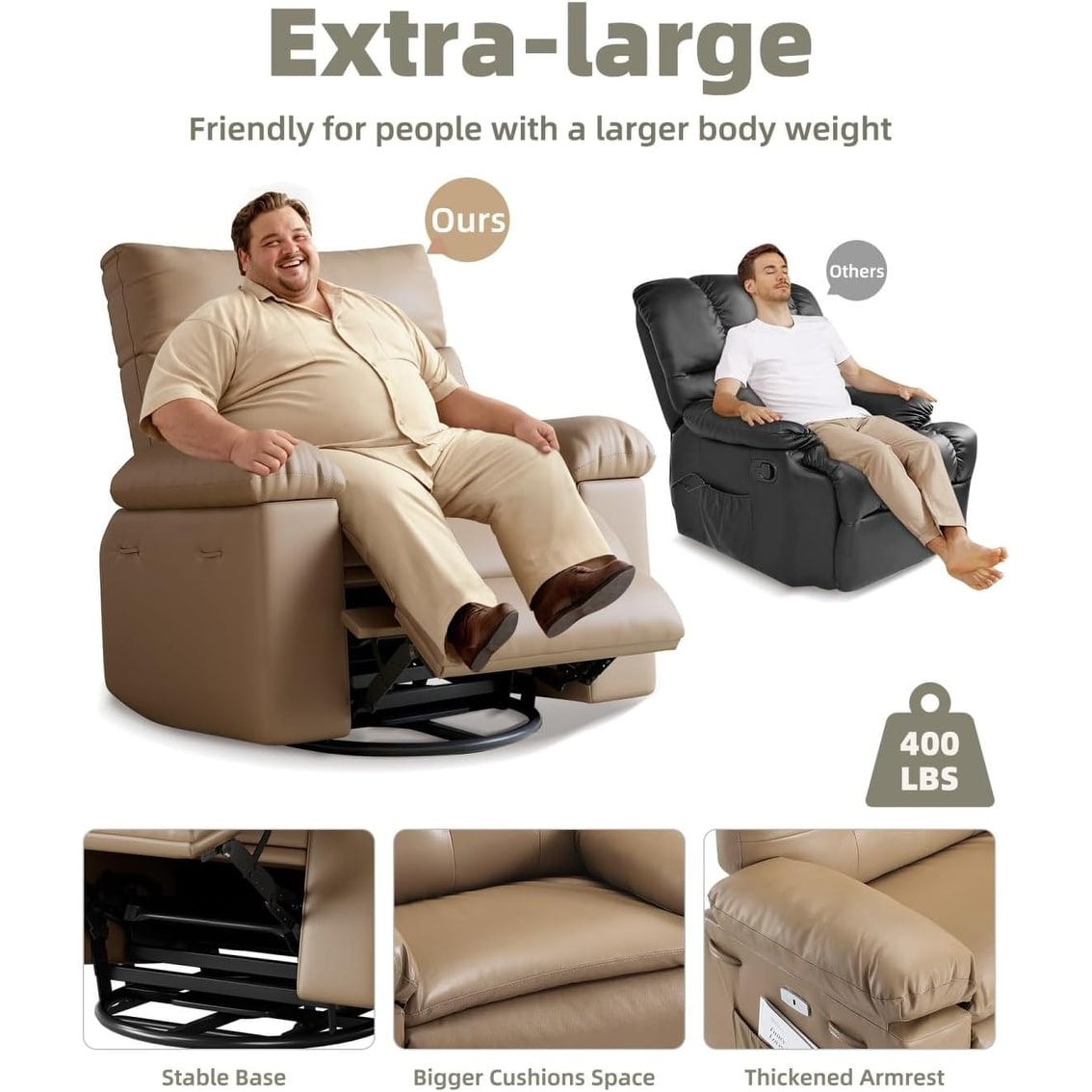 Fauteuils inclinables pivotants à 360° surdimensionnés avec fonction de massage et de chauffe - Fauteuil inclinable relaxant