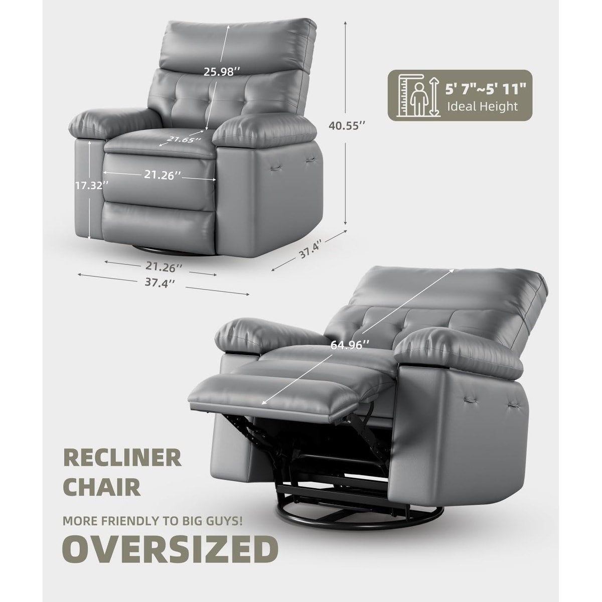 Fauteuils inclinables pivotants à 360° surdimensionnés avec fonction de massage et de chauffe - Fauteuil inclinable relaxant