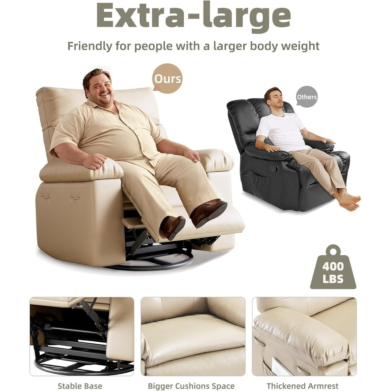 Fauteuils inclinables pivotants à 360° surdimensionnés avec fonction de massage et de chauffe - Fauteuil inclinable relaxant