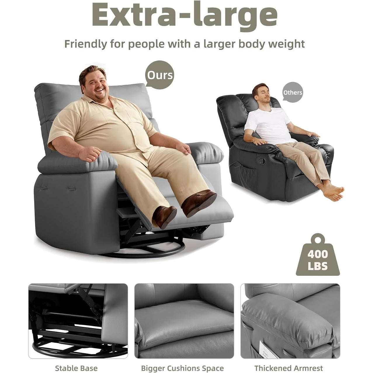 Fauteuils inclinables pivotants à 360° surdimensionnés avec fonction de massage et de chauffe - Fauteuil inclinable relaxant
