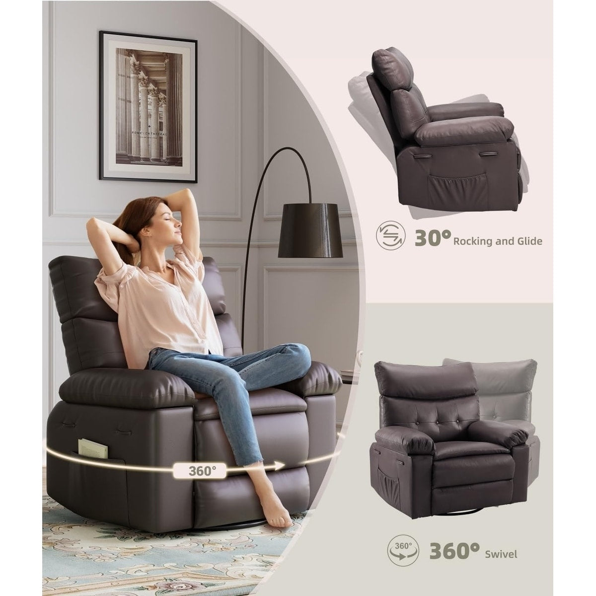 Fauteuils inclinables pivotants à 360° surdimensionnés avec fonction de massage et de chauffe - Fauteuil inclinable relaxant