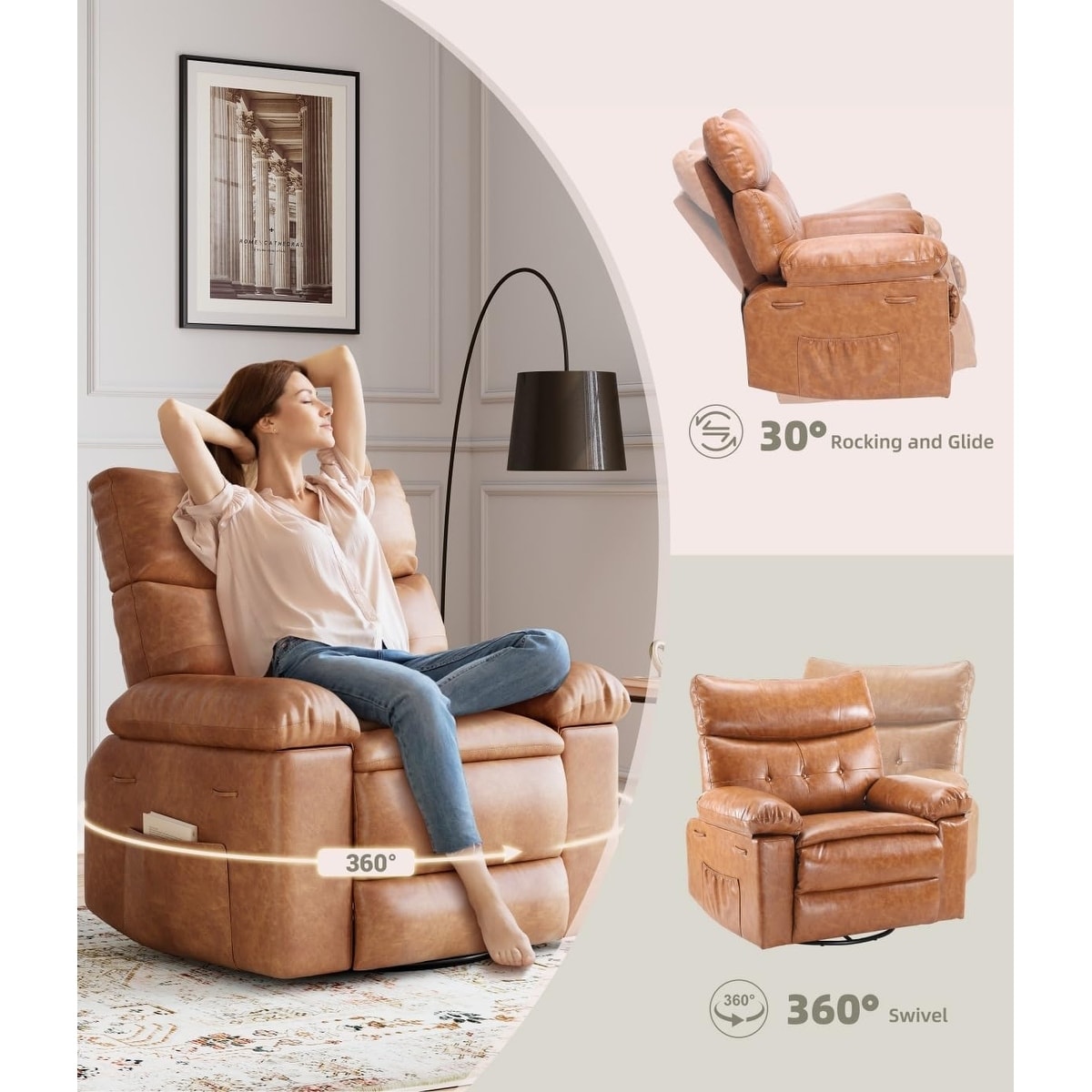 Fauteuils inclinables pivotants à 360° surdimensionnés avec fonction de massage et de chauffe - Fauteuil inclinable relaxant