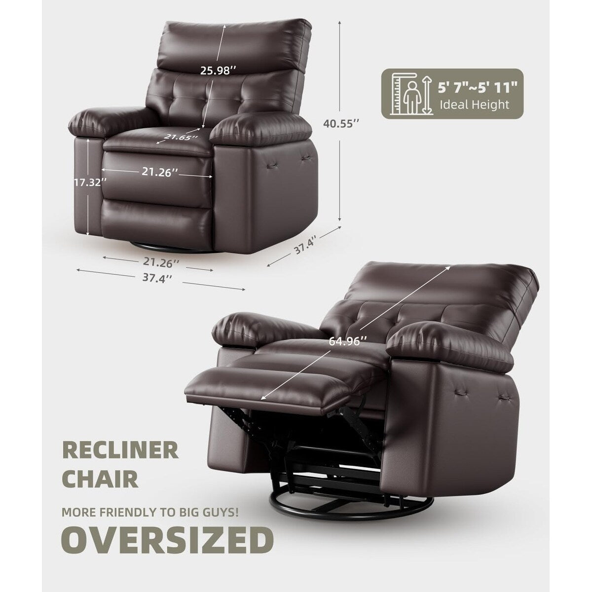 Fauteuils inclinables pivotants à 360° surdimensionnés avec fonction de massage et de chauffe - Fauteuil inclinable relaxant