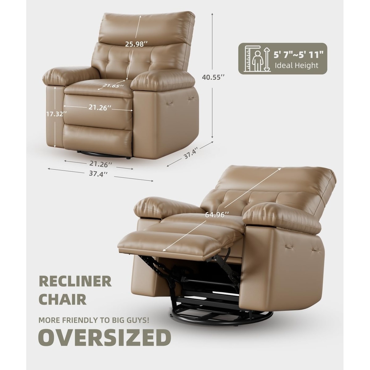 Fauteuils inclinables pivotants à 360° surdimensionnés avec fonction de massage et de chauffe - Fauteuil inclinable relaxant