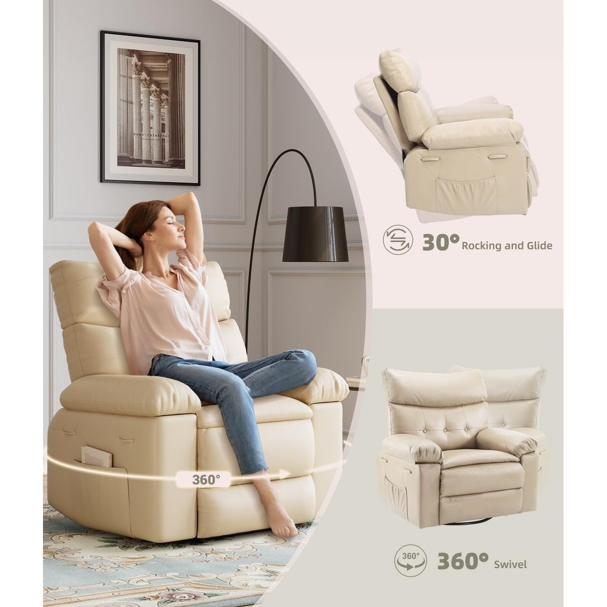 Fauteuils inclinables pivotants à 360° surdimensionnés avec fonction de massage et de chauffe - Fauteuil inclinable relaxant