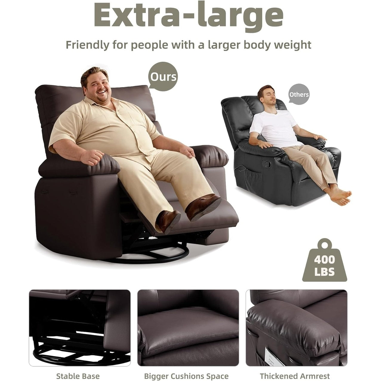 Fauteuils inclinables pivotants à 360° surdimensionnés avec fonction de massage et de chauffe - Fauteuil inclinable relaxant
