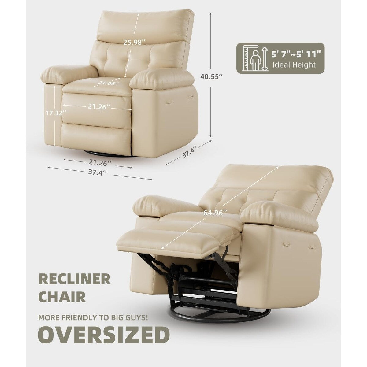 Fauteuils inclinables pivotants à 360° surdimensionnés avec fonction de massage et de chauffe - Fauteuil inclinable relaxant