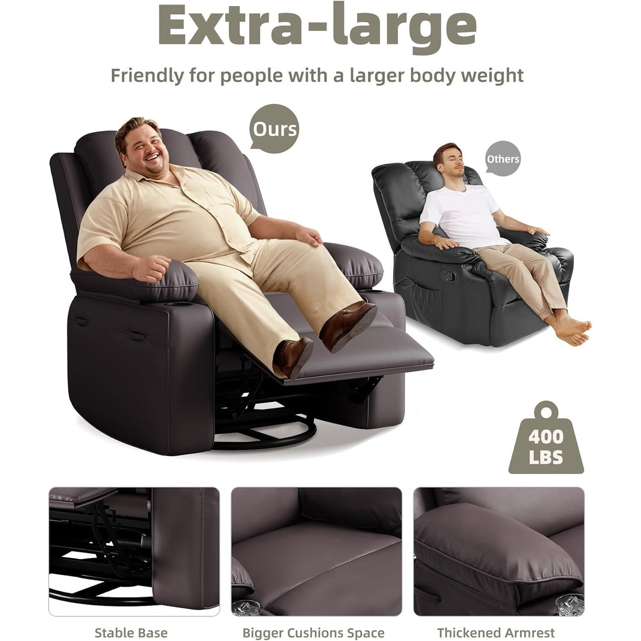 Fauteuils inclinables pivotants à 360° surdimensionnés avec fonction de massage et de chauffe