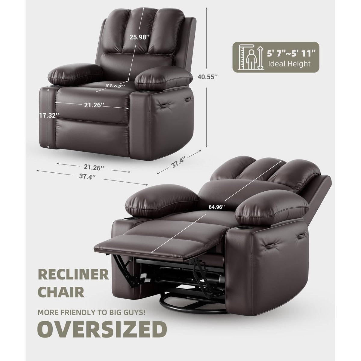 Fauteuils inclinables pivotants à 360° surdimensionnés avec fonction de massage et de chauffe