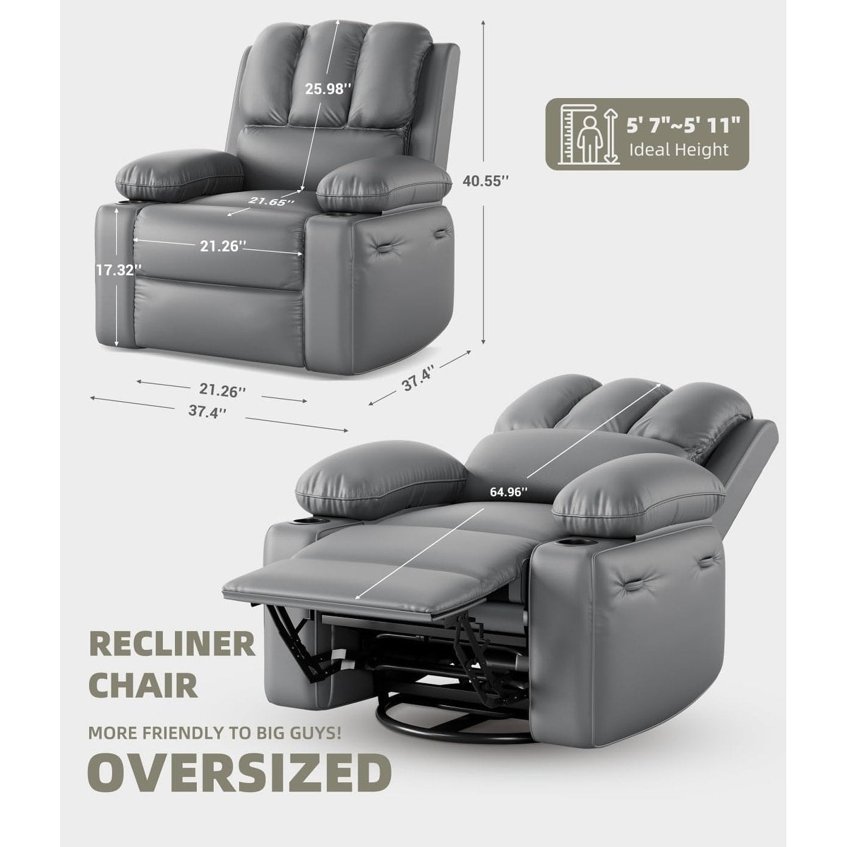 Fauteuils inclinables pivotants à 360° surdimensionnés avec fonction de massage et de chauffe