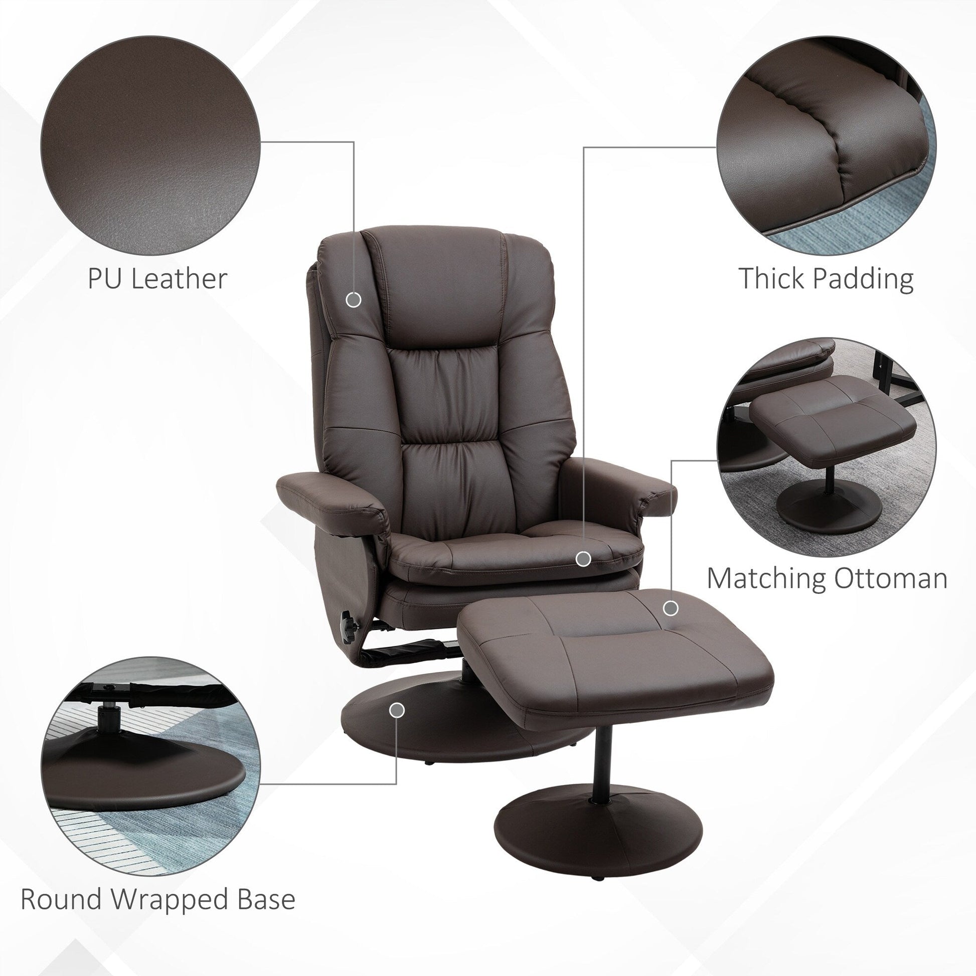 Fauteuil inclinable pivotant à 360°, en cuir PU réglable, avec repose-pieds, pour salon, chambre à coucher et bureau à domicile.