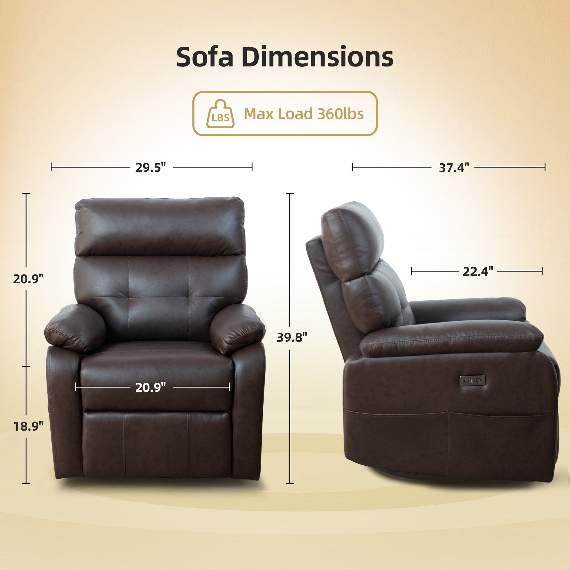 360° Swivel Recliner Chair Power Rocker Recliner Chair, PU Leather Overstuffed Reclining Chair wUSB  Type-C Ports