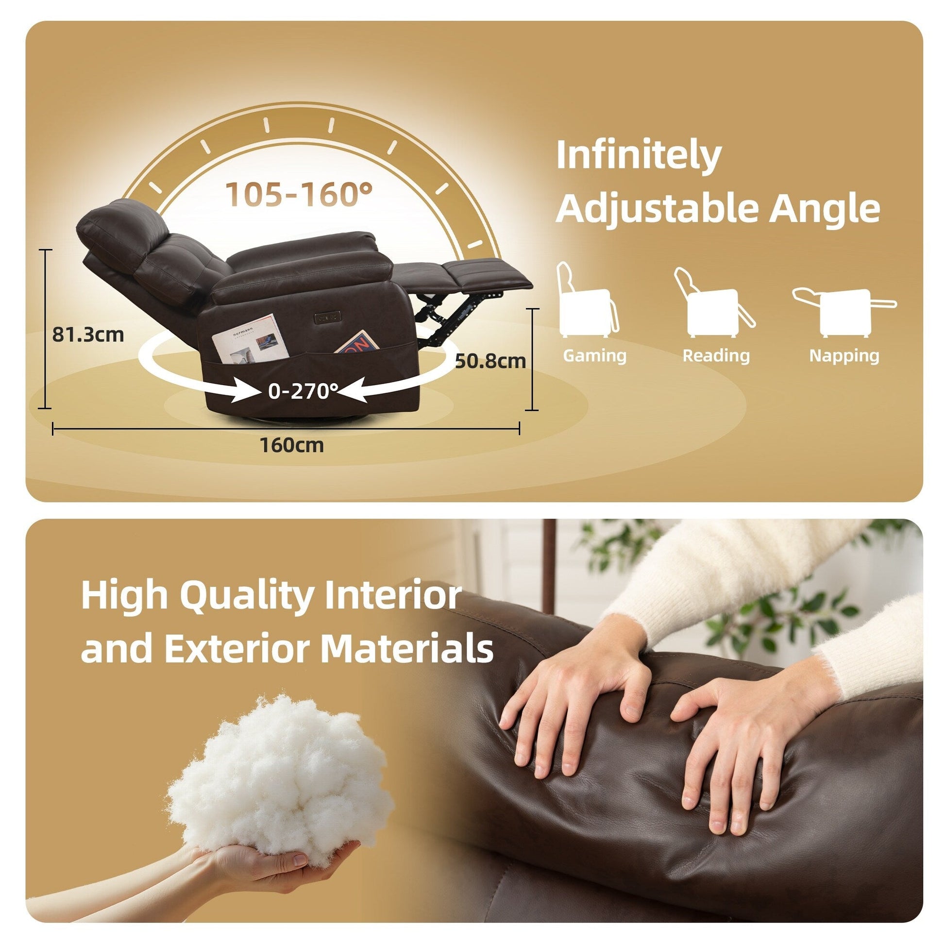 360° Swivel Recliner Chair Power Rocker Recliner Chair, PU Leather Overstuffed Reclining Chair wUSB  Type-C Ports