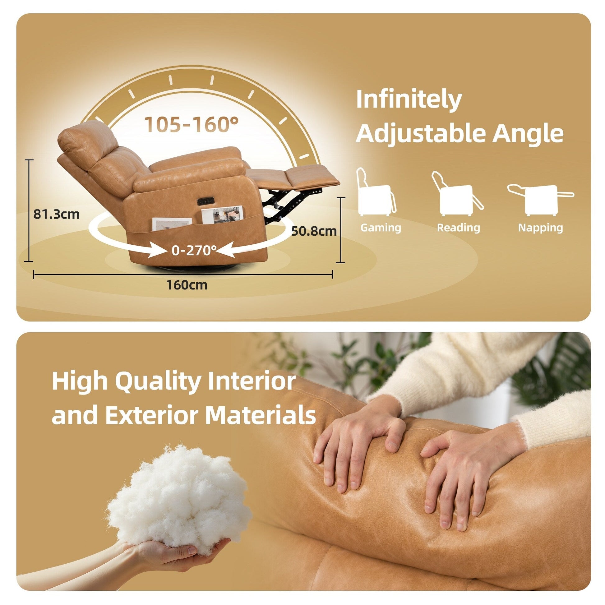 360° Swivel Recliner Chair Power Rocker Recliner Chair, PU Leather Overstuffed Reclining Chair wUSB  Type-C Ports
