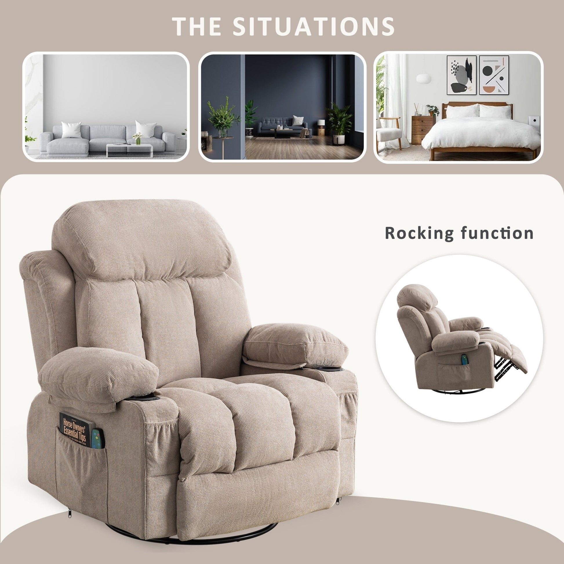 Fauteuil inclinable pivotant à 360° avec massage, chauffage, USB et porte-gobelets
