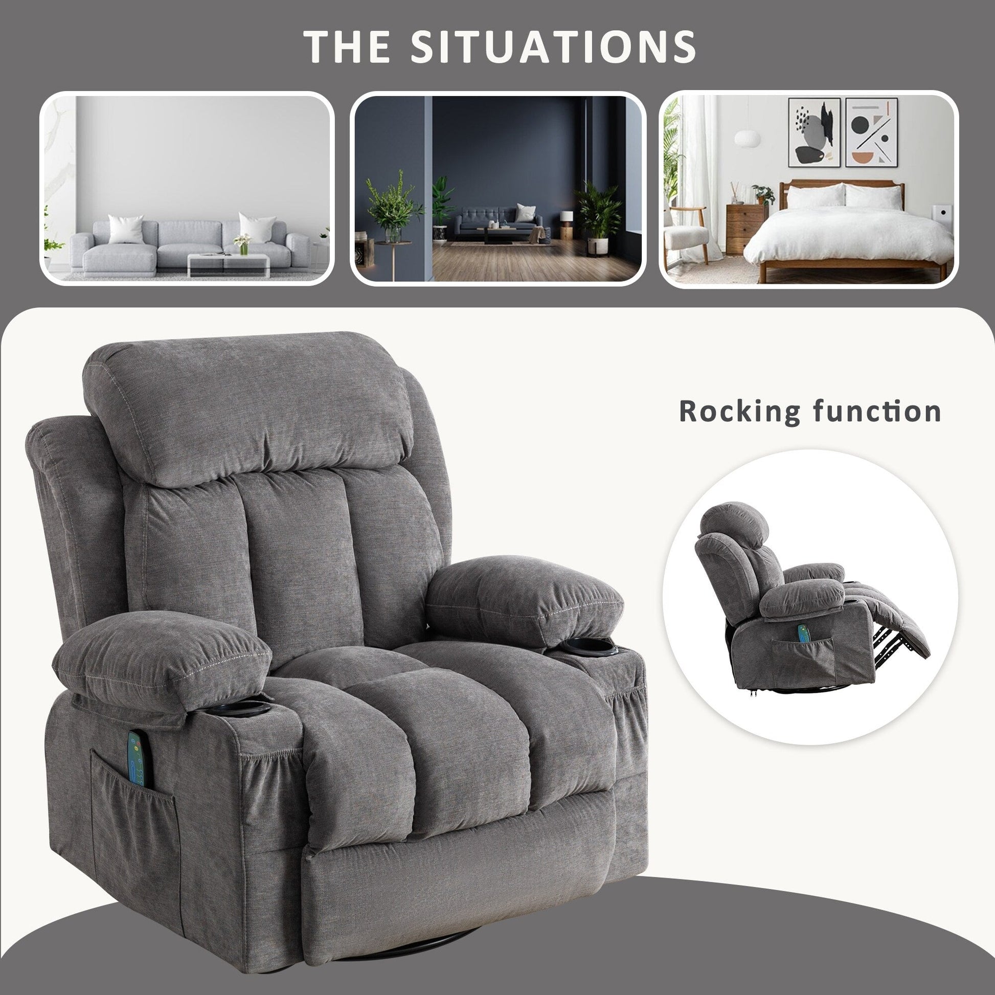 Fauteuil inclinable pivotant à 360° avec massage, chauffage, USB et porte-gobelets