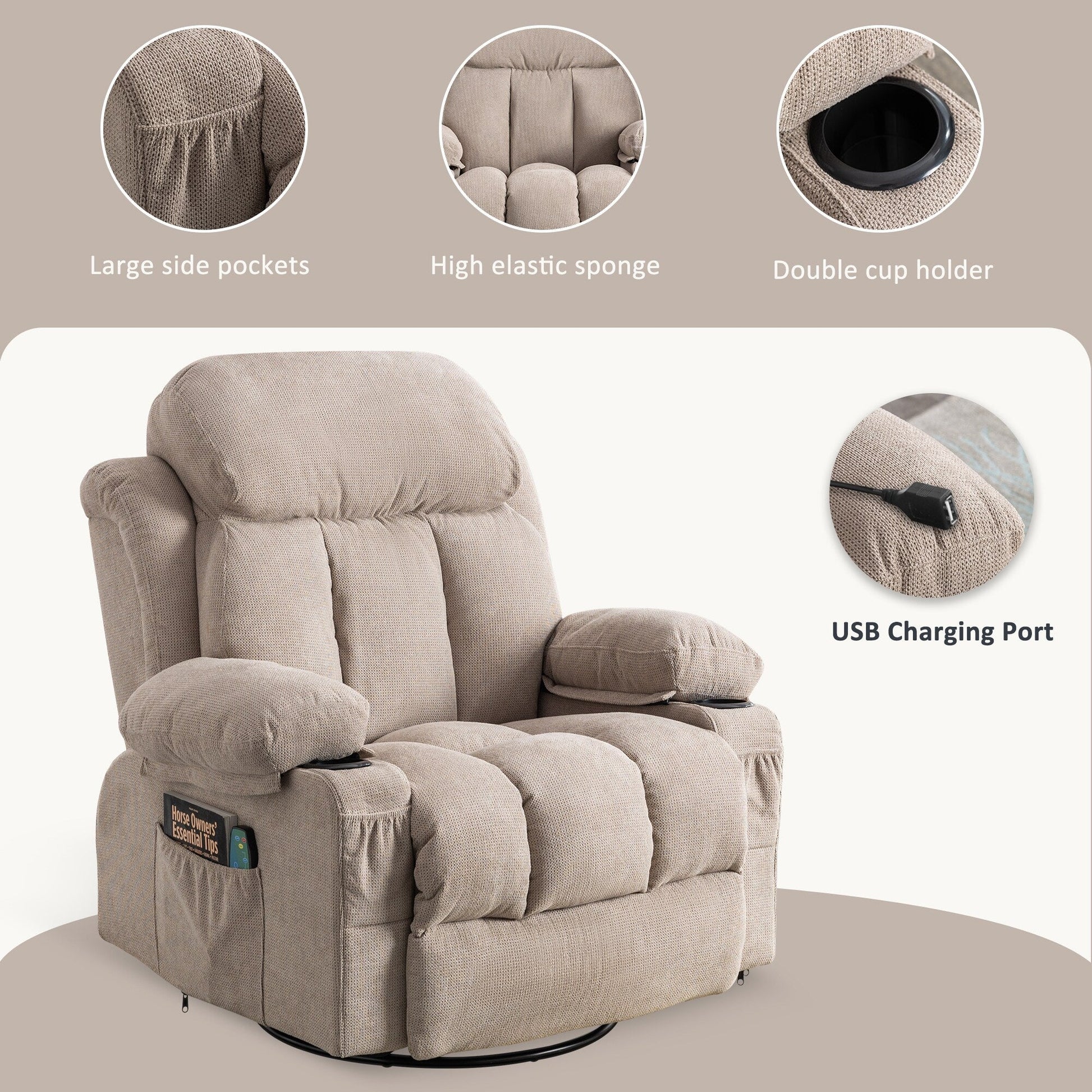 Fauteuil inclinable pivotant à 360° avec massage, chauffage, USB et porte-gobelets