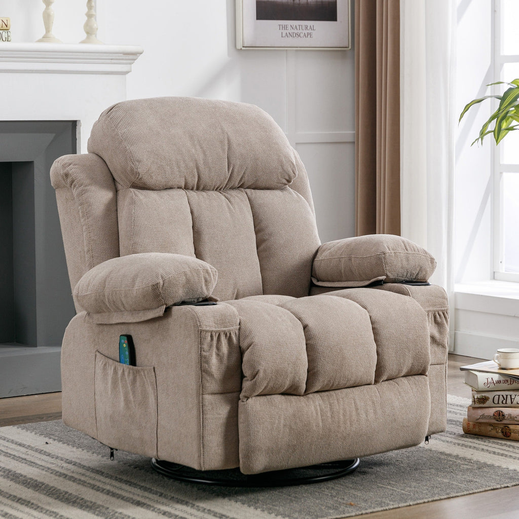 Fauteuil inclinable pivotant à 360° avec massage, chauffage, charge USB, porte-gobelets doubles et poches latérales spacieuses.