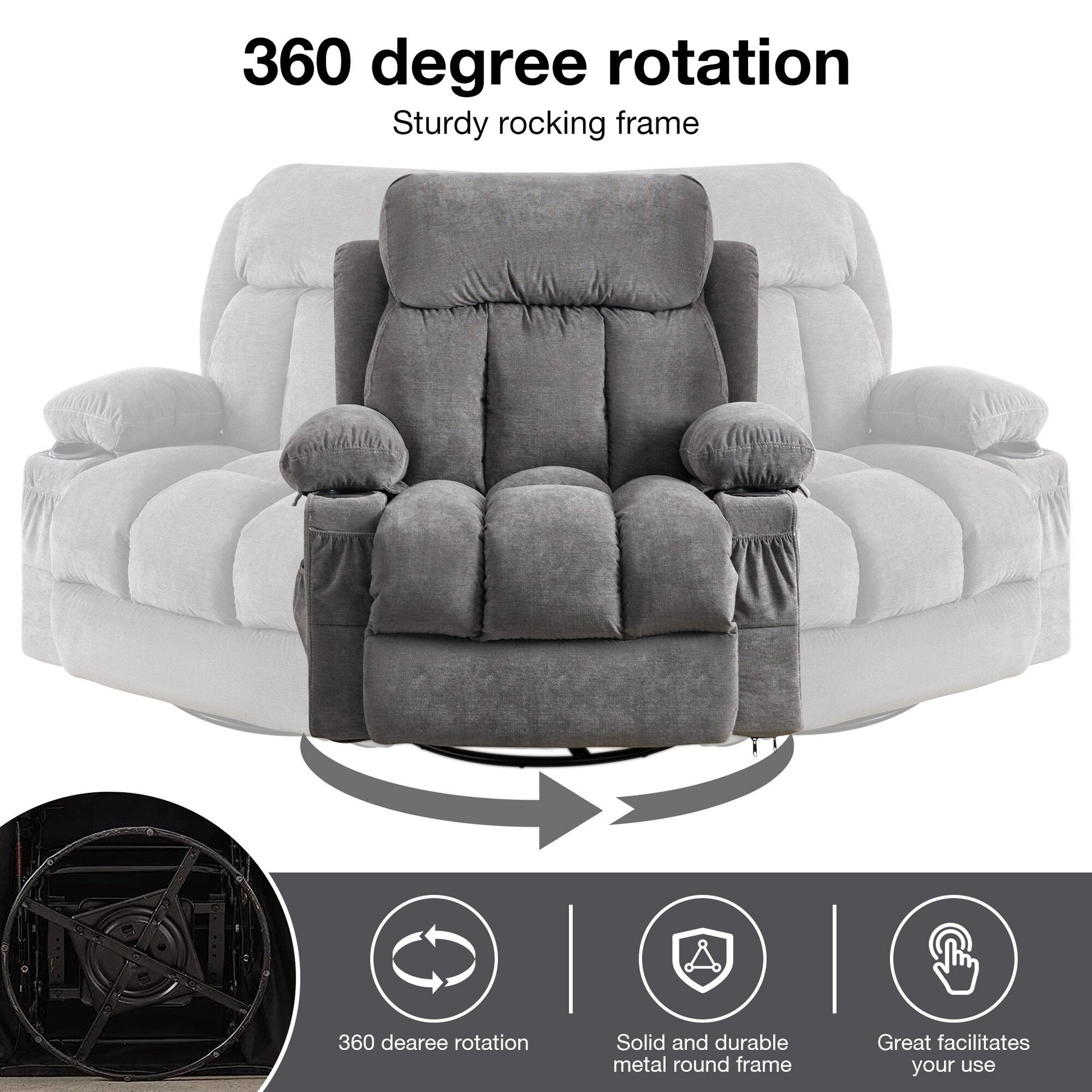 Fauteuil inclinable pivotant à 360° avec massage, chauffage, charge USB, porte-gobelets doubles et poches latérales spacieuses.
