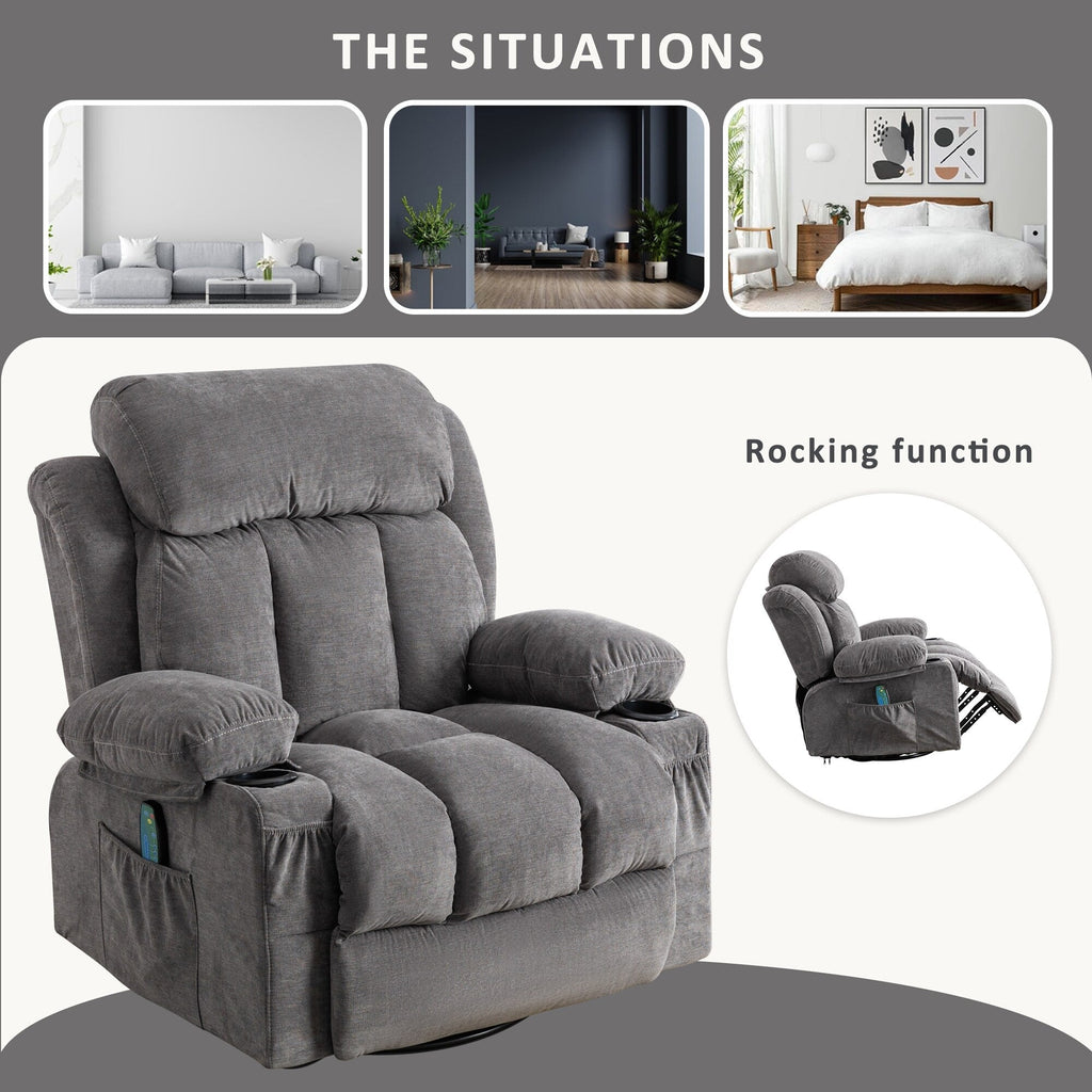 Fauteuil inclinable pivotant à 360° avec massage, chauffage, charge USB, porte-gobelets doubles et poches latérales spacieuses.