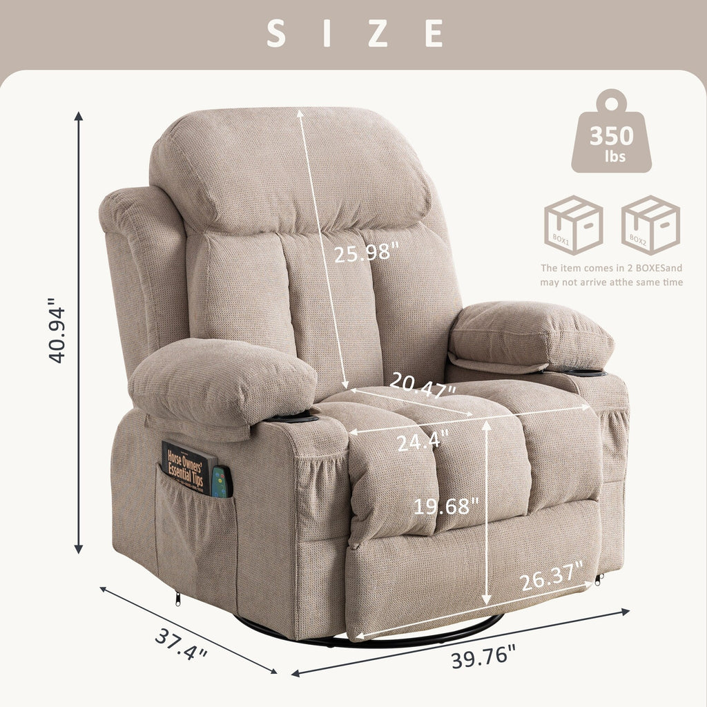 Fauteuil inclinable pivotant à 360° avec massage, chauffage, charge USB, porte-gobelets doubles et poches latérales spacieuses.