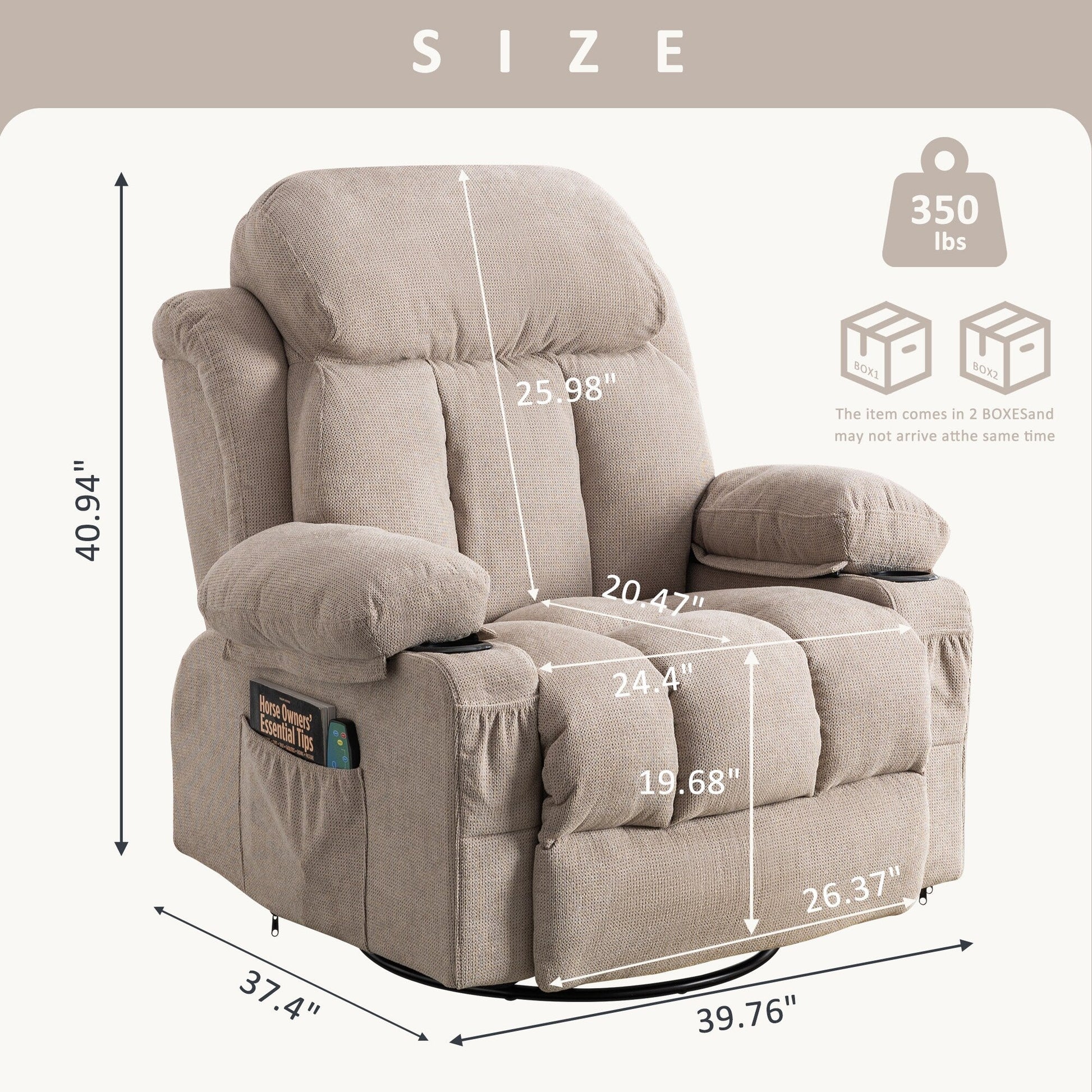 Fauteuil inclinable pivotant à 360° avec massage, chauffage, charge USB, porte-gobelets doubles et poches latérales spacieuses.