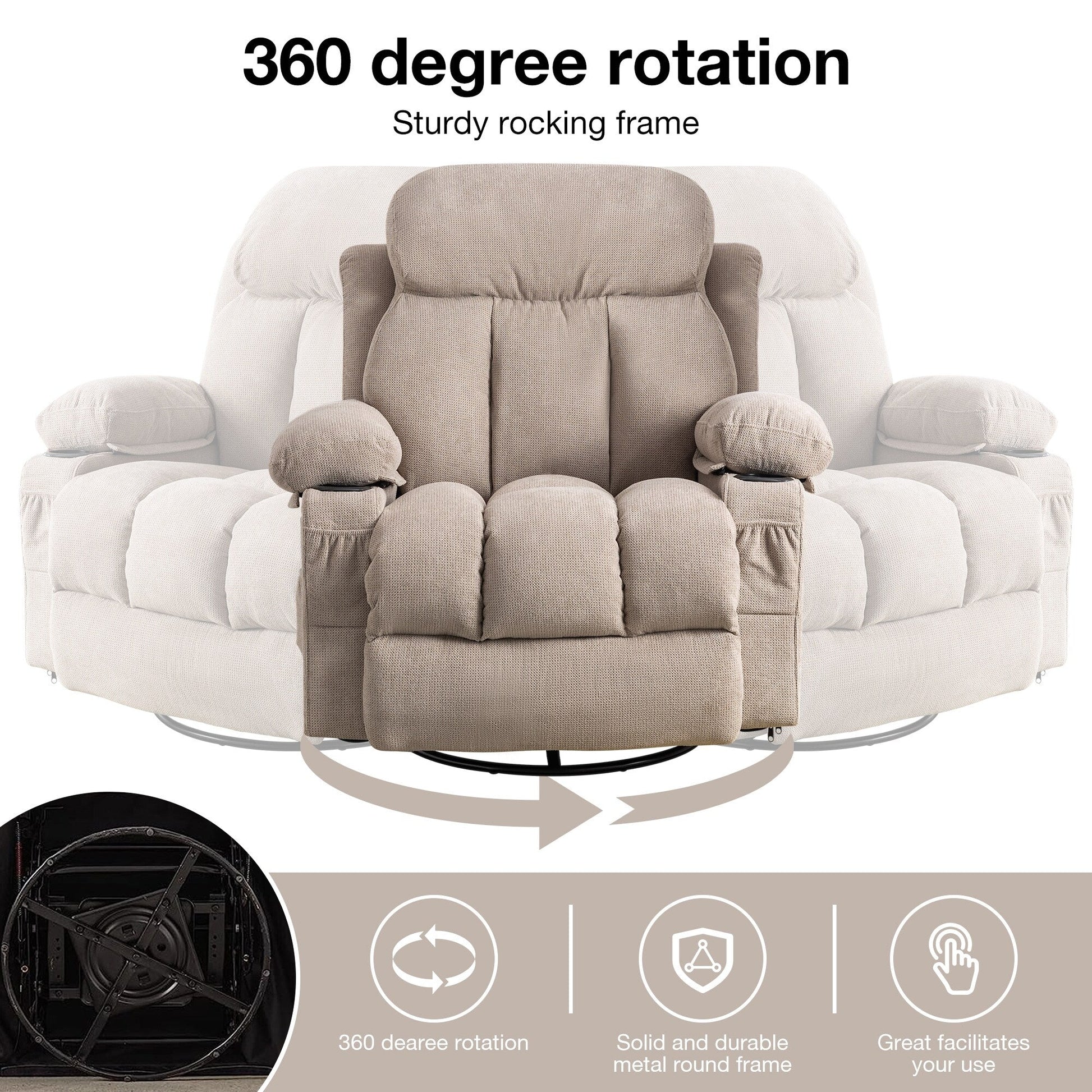 Fauteuil inclinable pivotant à 360° avec massage, chauffage, charge USB, porte-gobelets doubles et poches latérales spacieuses.