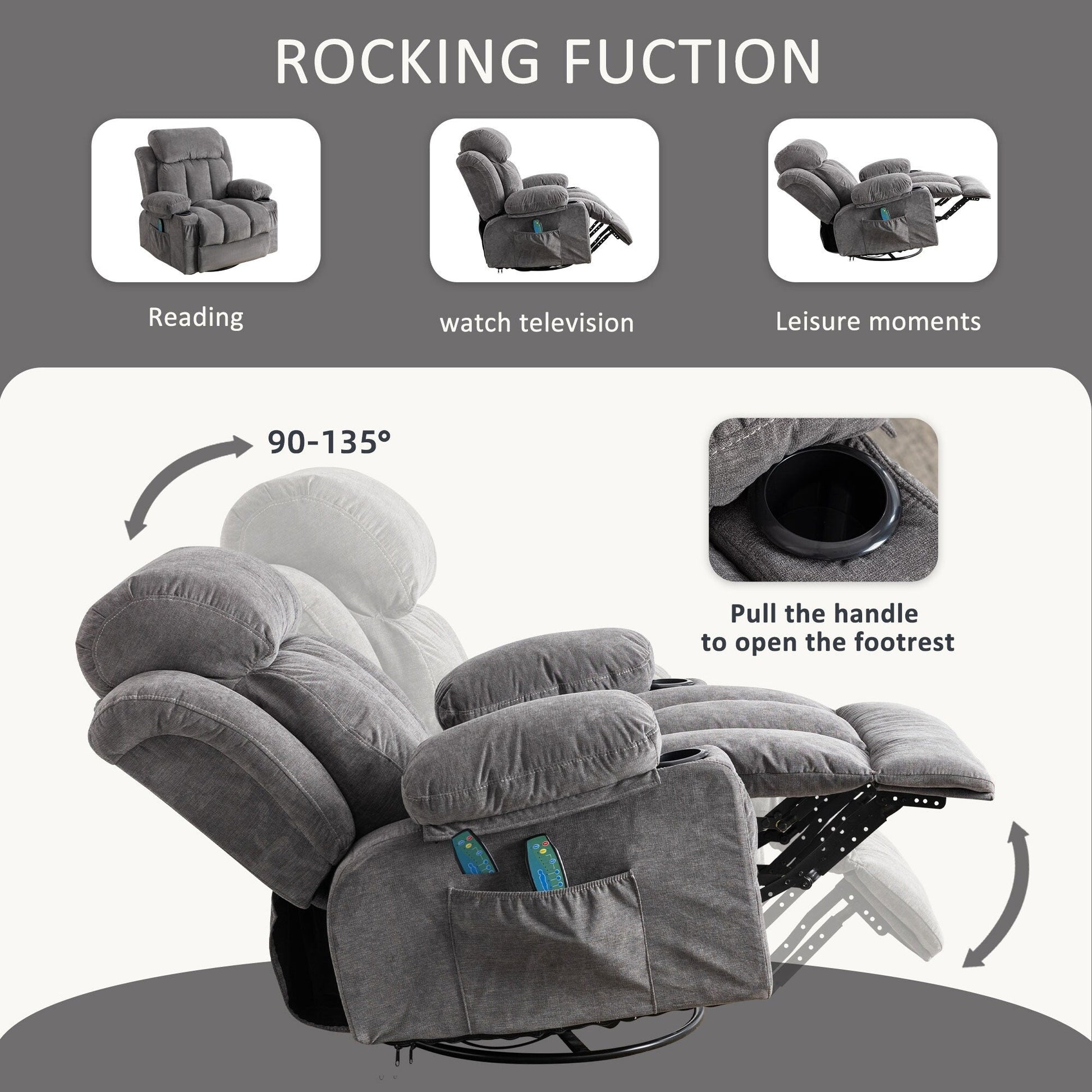 Fauteuil inclinable pivotant à 360° avec massage, chauffage, charge USB, porte-gobelets doubles et poches latérales spacieuses.