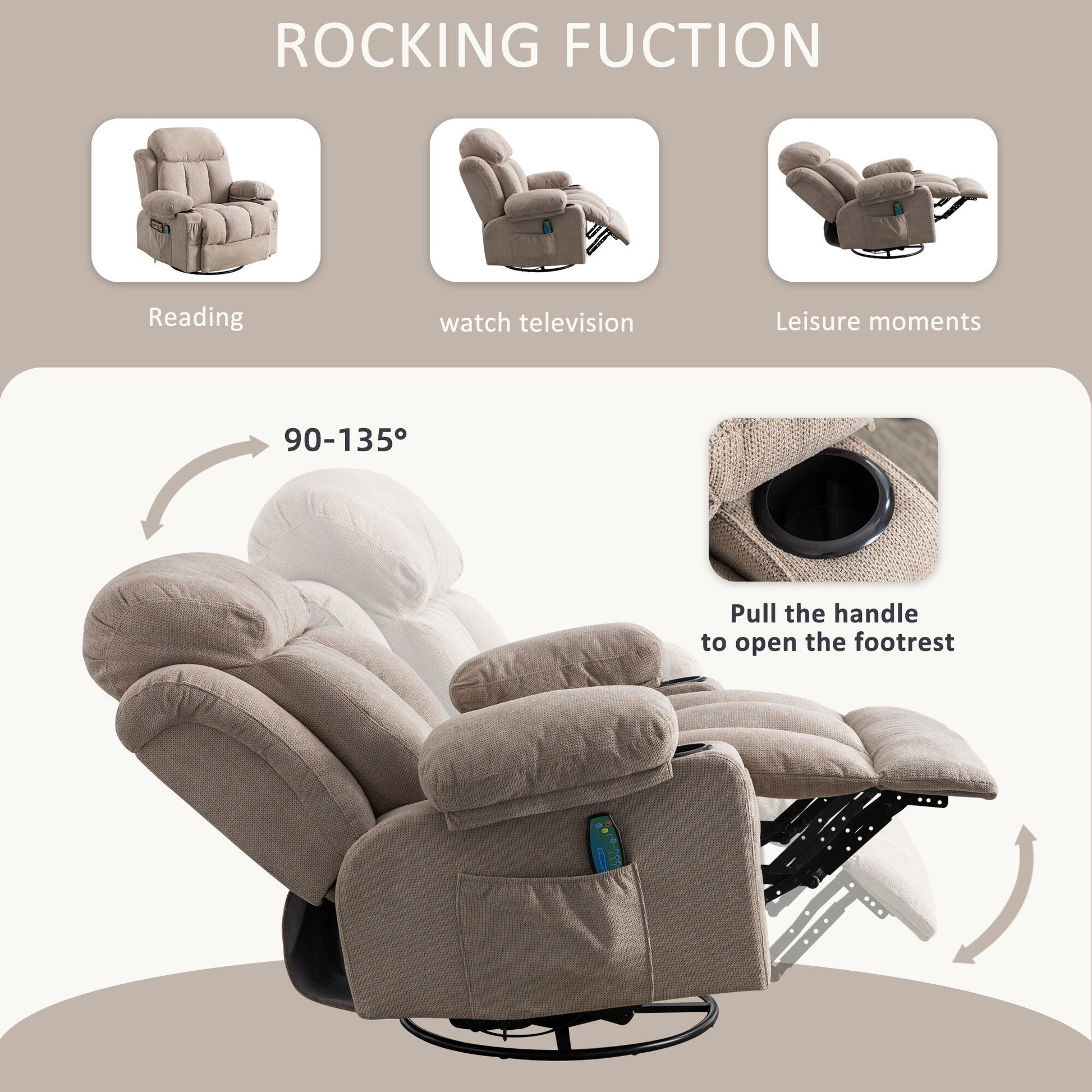 Fauteuil inclinable pivotant à 360° avec massage, chauffage, charge USB, porte-gobelets doubles et poches latérales spacieuses.