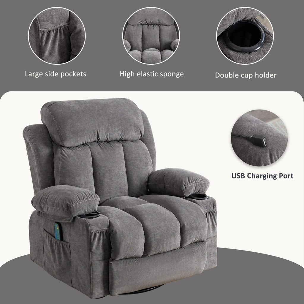 Fauteuil inclinable pivotant à 360° avec massage, chauffage, charge USB, porte-gobelets doubles et poches latérales spacieuses.