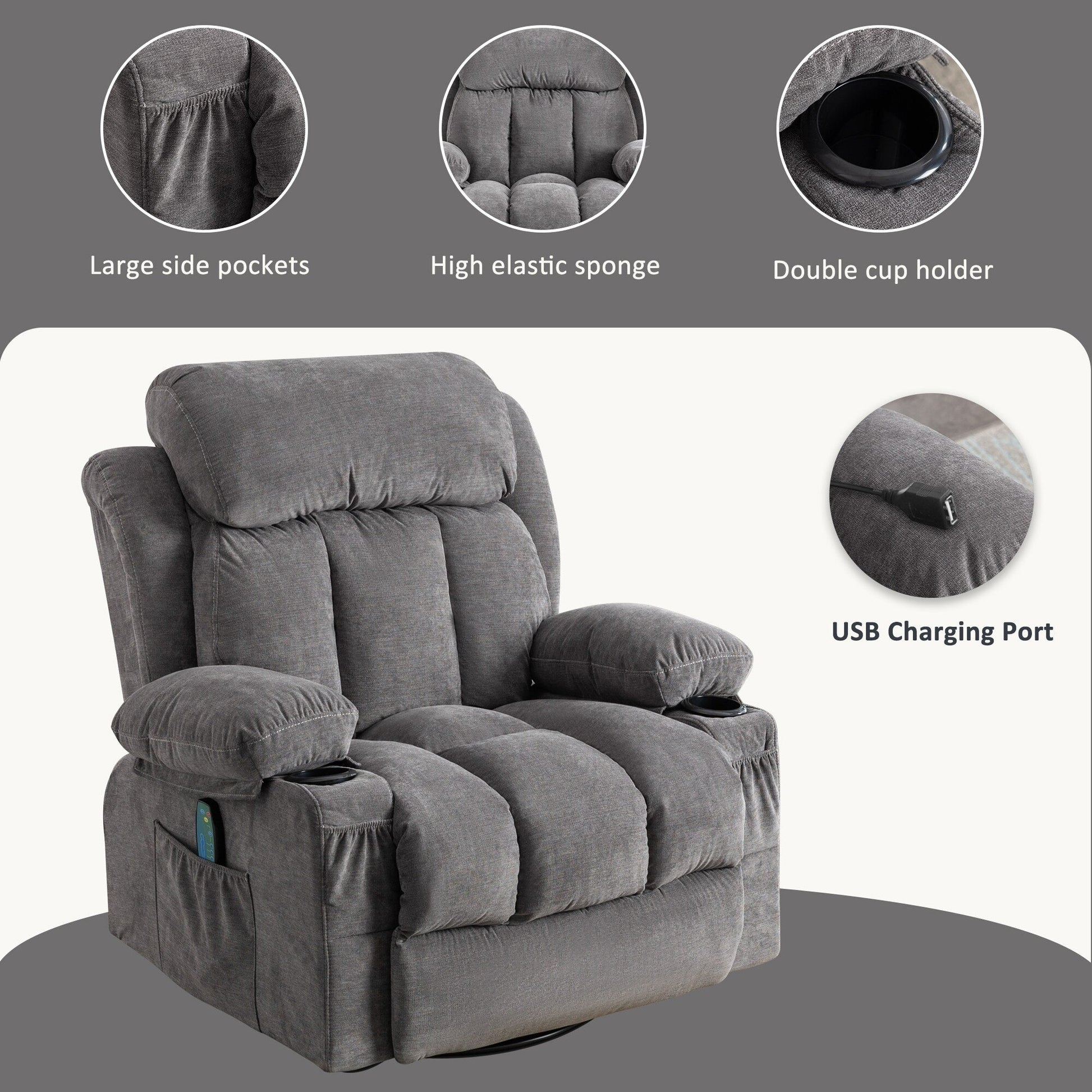 Fauteuil inclinable pivotant à 360° avec massage, chauffage, charge USB, porte-gobelets doubles et poches latérales spacieuses.