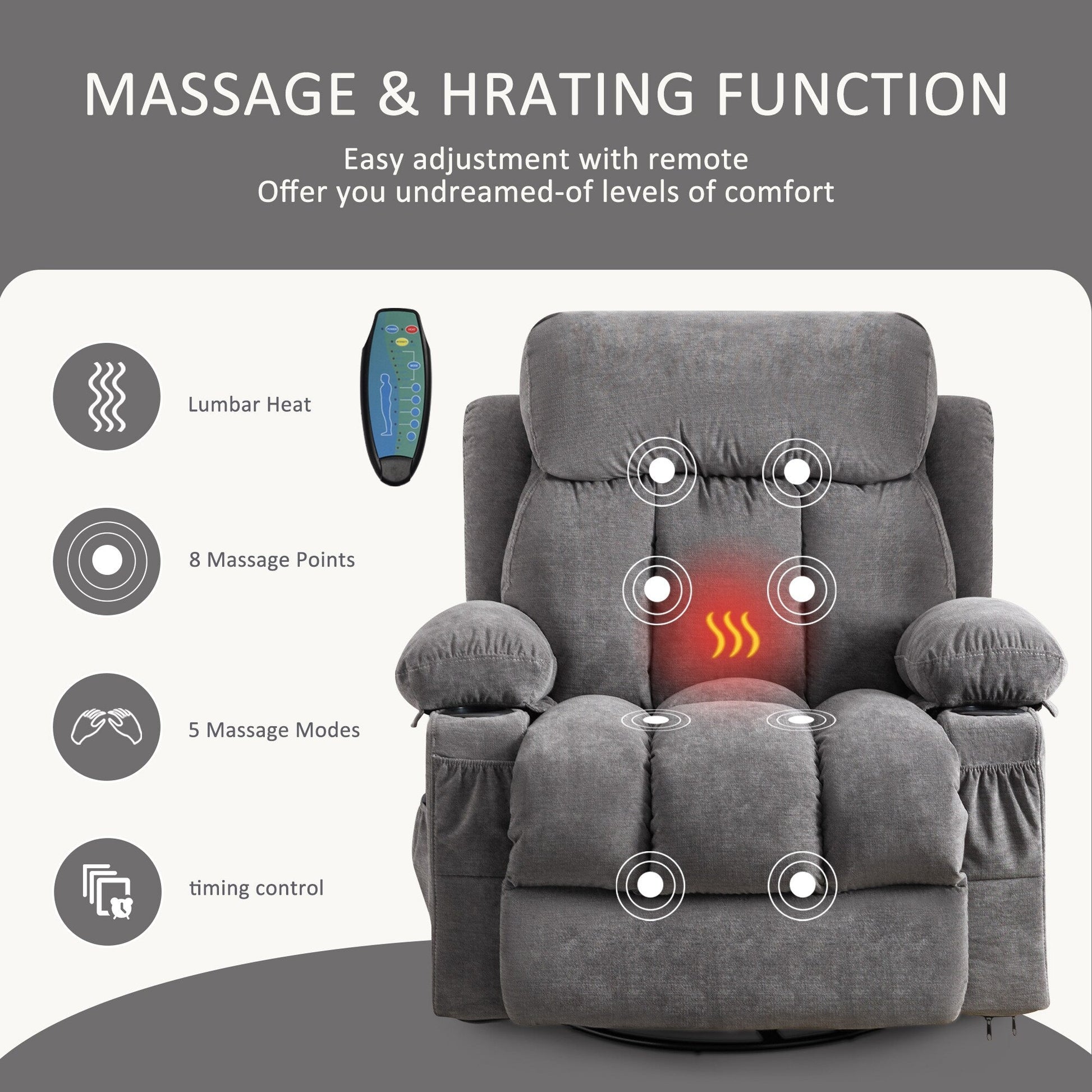 Fauteuil inclinable pivotant à 360° avec massage, chauffage, charge USB, porte-gobelets doubles et poches latérales spacieuses.