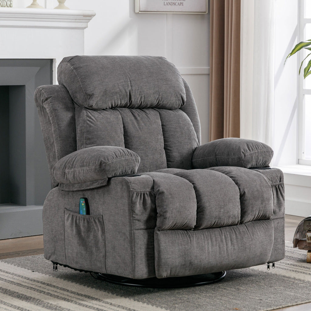 Fauteuil inclinable pivotant à 360° avec massage, chauffage, charge USB, porte-gobelets doubles et poches latérales spacieuses.