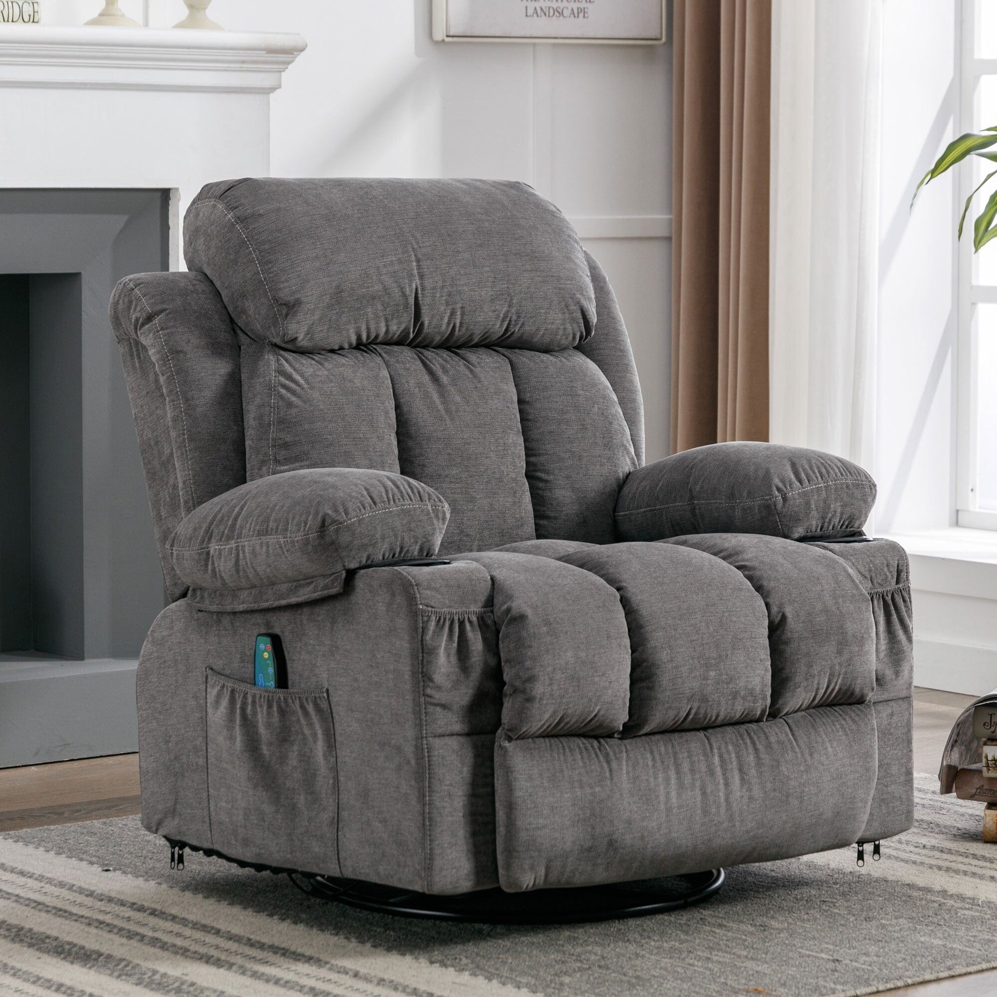 Fauteuil inclinable pivotant à 360° avec massage, chauffage, charge USB, porte-gobelets doubles et poches latérales spacieuses.