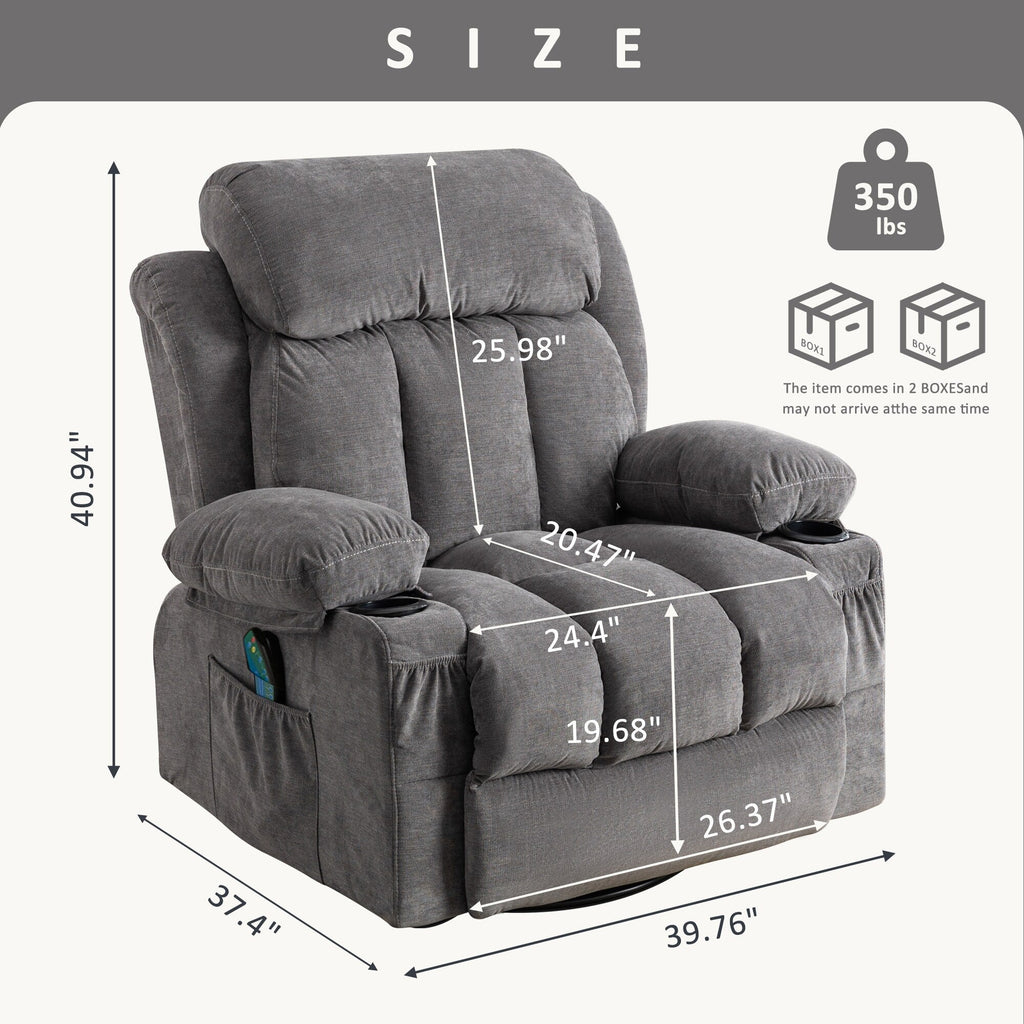 Fauteuil inclinable pivotant à 360° avec massage, chauffage, charge USB, porte-gobelets doubles et poches latérales spacieuses.