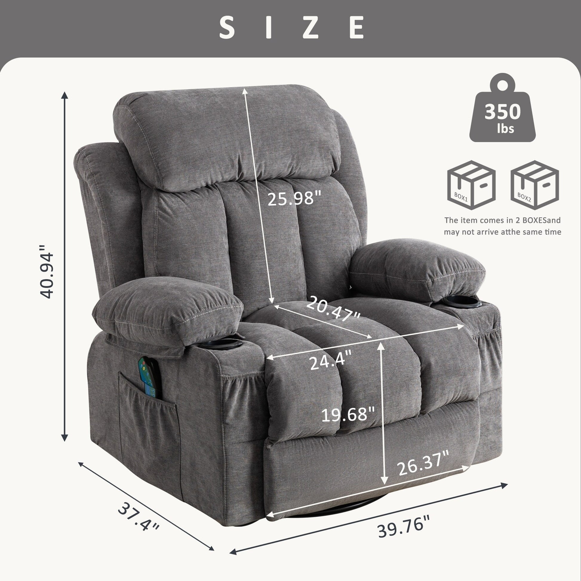 Fauteuil inclinable pivotant à 360° avec massage, chauffage, charge USB, porte-gobelets doubles et poches latérales spacieuses.