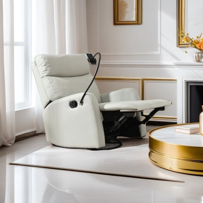 Fauteuil inclinable pivotant à 360° avec repose-pieds, porte-téléphone et positions réglables pour salle de cinéma et salon.