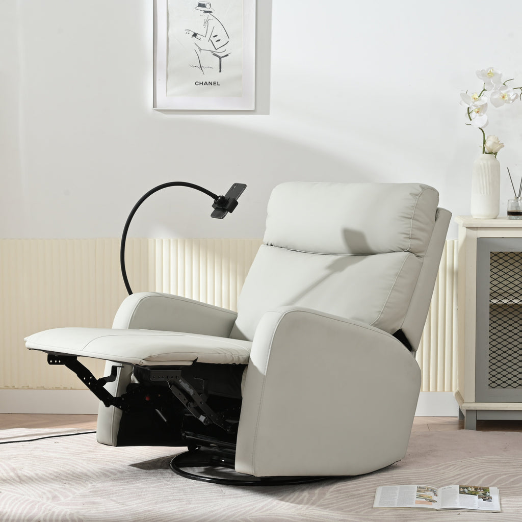 Fauteuil inclinable pivotant à 360° avec repose-pieds, porte-téléphone et positions réglables pour salle de cinéma et salon.