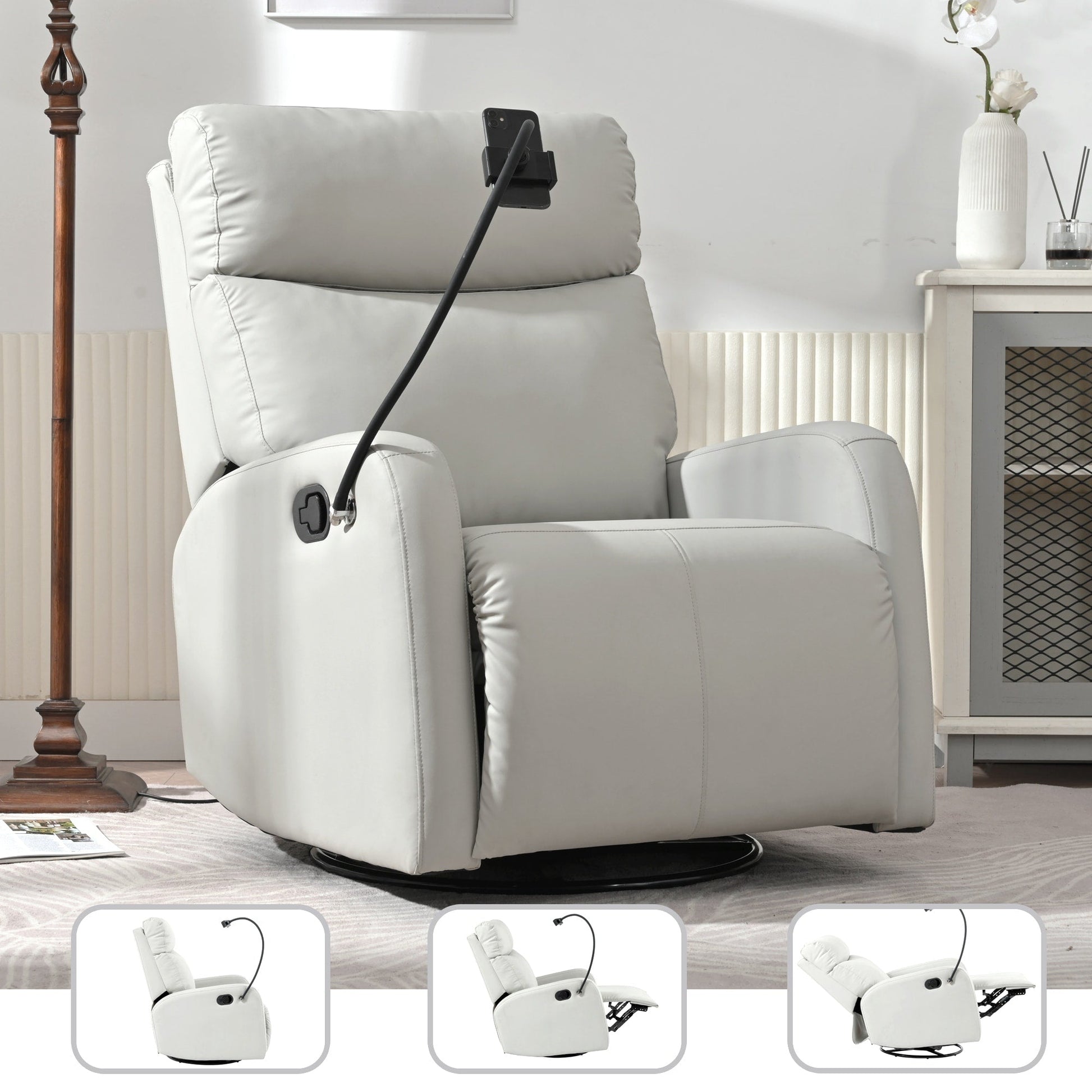 Fauteuil inclinable pivotant à 360° avec repose-pieds, porte-téléphone et positions réglables pour salle de cinéma et salon.