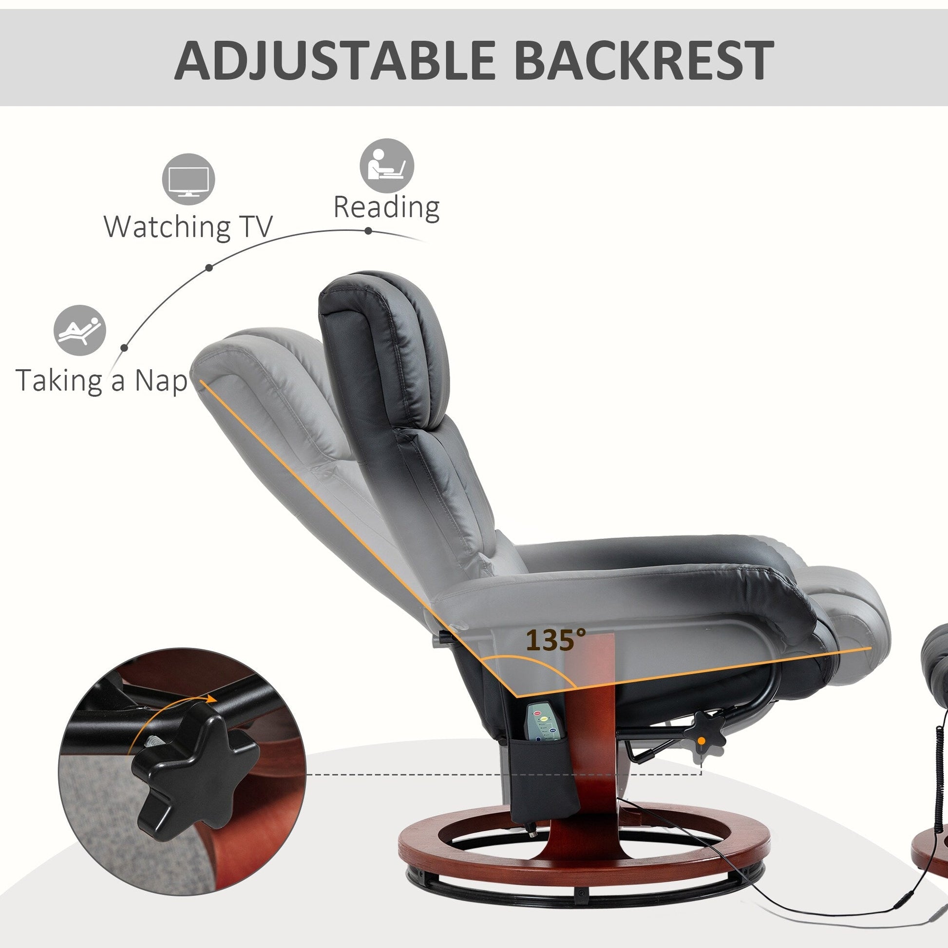 Fauteuil de massage inclinable pivotant à 360°, en simili cuir PU, avec repose-pieds, 10 points de vibration, télécommande et poche latérale.