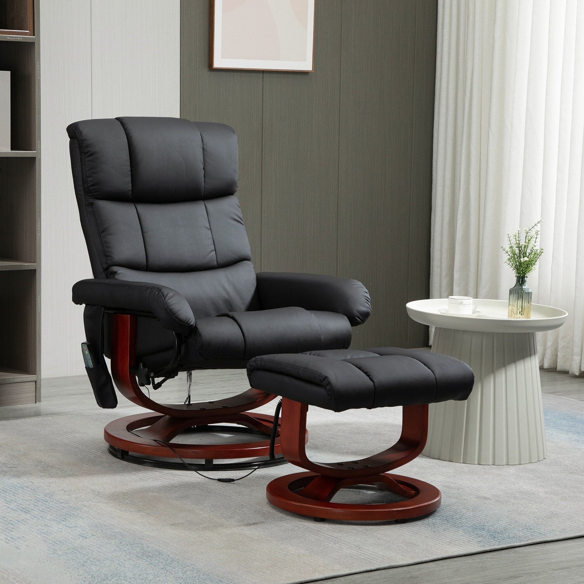 Fauteuil de massage inclinable pivotant à 360°, en simili cuir PU, avec repose-pieds, 10 points de vibration, télécommande et poche latérale.