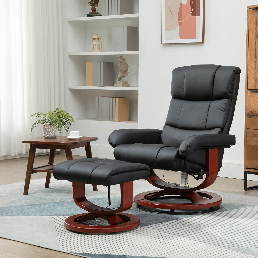 Fauteuil de massage inclinable pivotant à 360°, en simili cuir PU, avec repose-pieds, 10 points de vibration, télécommande et poche latérale.