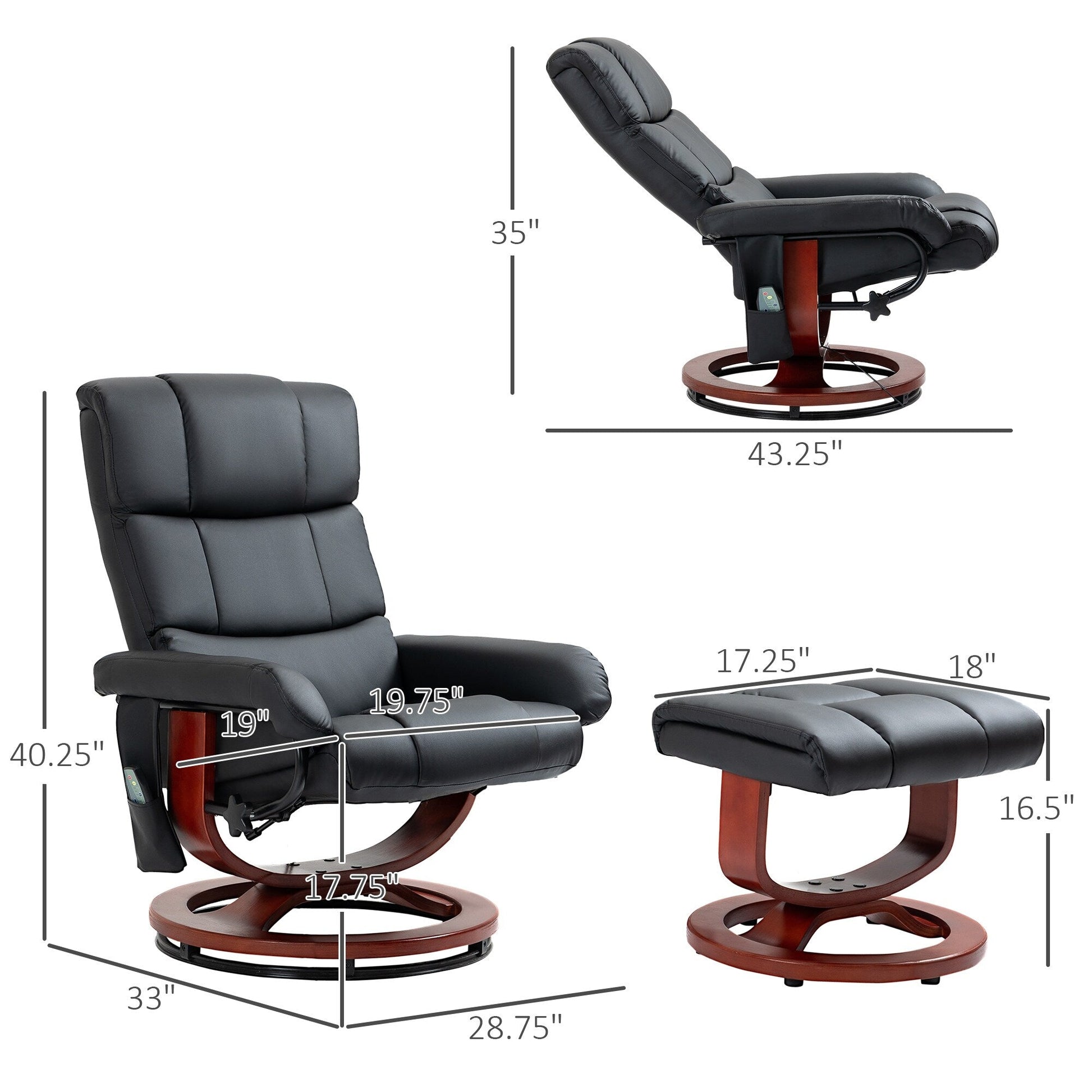 Fauteuil de massage inclinable pivotant à 360°, en simili cuir PU, avec repose-pieds, 10 points de vibration, télécommande et poche latérale.