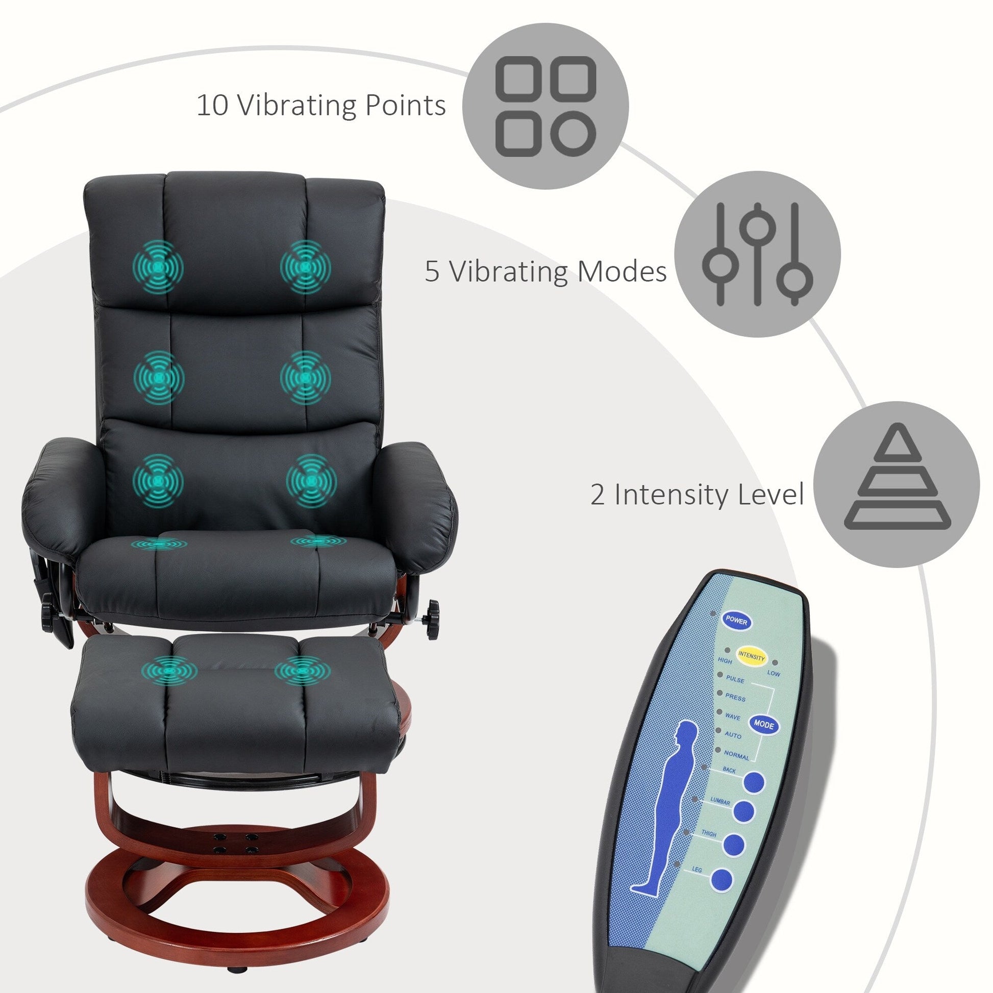 Fauteuil de massage inclinable pivotant à 360°, en simili cuir PU, avec repose-pieds, 10 points de vibration, télécommande et poche latérale.